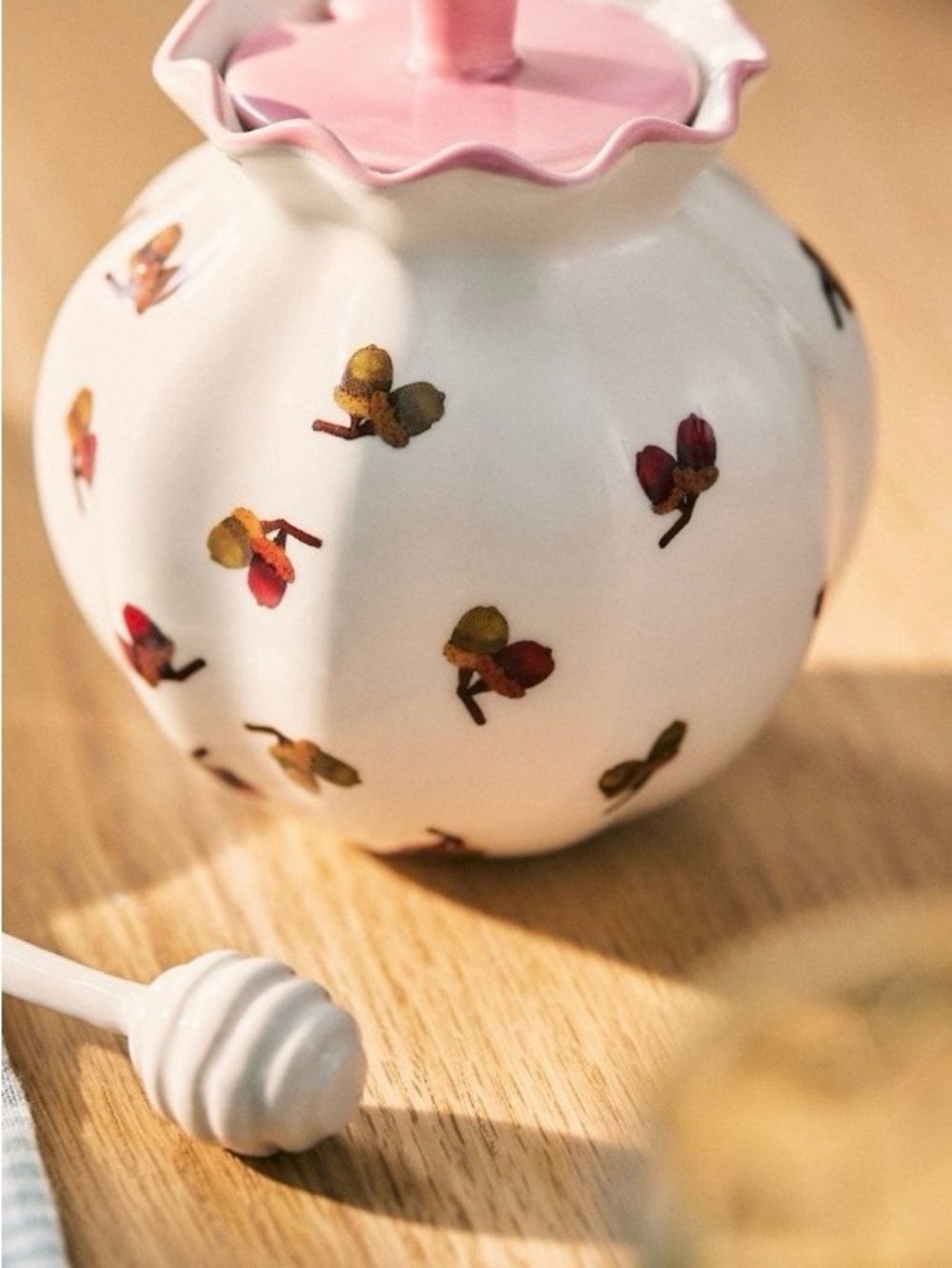 Anthropologie White Ceramic Honey Pot with Pink Lid and Floral & Acorn Accents